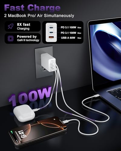 USB C Charger Block 100W, 3-Port Super Fast Chargers with 10 FT USB C Cable - color: White+Black