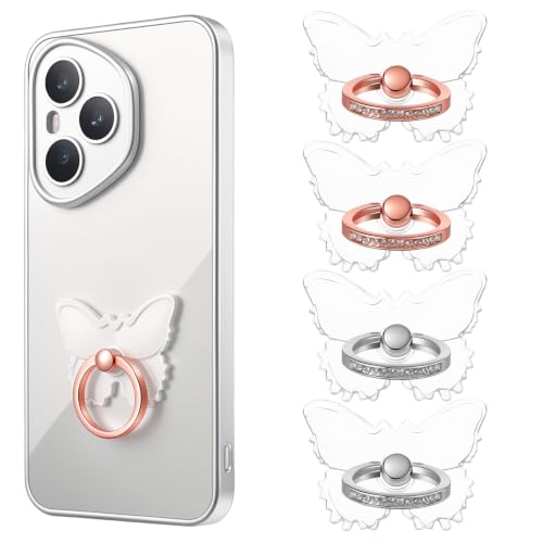 4pcs Transparent Butterfly Phone Ring Holder Clear Butterfly Phone Case Ring 360°Rotation Finger Holder Grip Compatible with Most Smartphones Tablets Cellphone Case