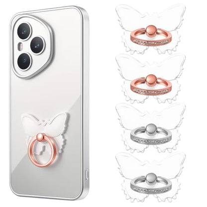 4pcs Transparent Butterfly Phone Ring Holder Clear Butterfly Phone Case Ring 360°Rotation Finger Holder Grip Compatible with Most Smartphones Tablets Cellphone Case