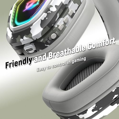 Ozeino Wireless Gaming Headset for Ps5, Ps4, PC, Gaming Headphones with Flip Mic and USB-A & USB-C Transmitter, 40Hr Battery Bluetooth Headset for Mobile, Mac, Laptop - color: Camouflage