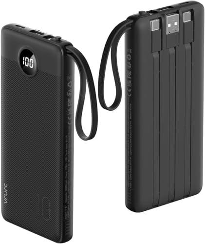 VRURC Portable Charger, 20W PD Fast Charging Power Bank Built in 4 Cables - color: Black