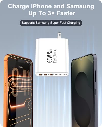 2-Pack 65W USB C Charger Block, 6-Port Fast Wall Charging Block [3 PD USB-C & 3 QC USB-A] for iPhone 17 16 15 Pro Max, iPad Pro, Galaxy S26 S25, Pixel 10 9, iWatch,Google & More - color: White