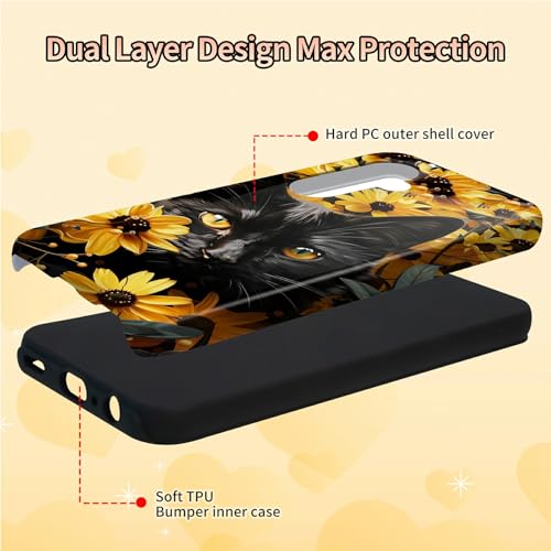 Black Cat Sunflowers Phone Case for Samsung Galaxy S25, Dual Layer Shockproof Rugged Cover with Soft TPU + Hard PC, Anti-Scratch Slim Fit Wireless Charging Compatible - color: Black Cat Sunflowers, size: 6.2" Galaxy S25
