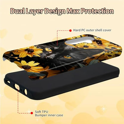 Black Cat Sunflowers Phone Case for Samsung Galaxy S25, Dual Layer Shockproof Rugged Cover with Soft TPU + Hard PC, Anti-Scratch Slim Fit Wireless Charging Compatible - color: Black Cat Sunflowers, size: 6.2" Galaxy S25
