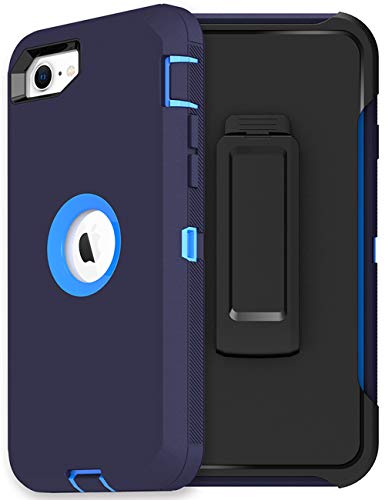 MXX Case Designed for iPhone SE Case 2020 /SE 2022 Heavy Duty Protective Case with Screen Protector [3 Layers] Rugged Rubber Protection Cover & Rotating 360 Degree Belt Clip SE 3rd/2nd Gen (Blue) - color: Blue