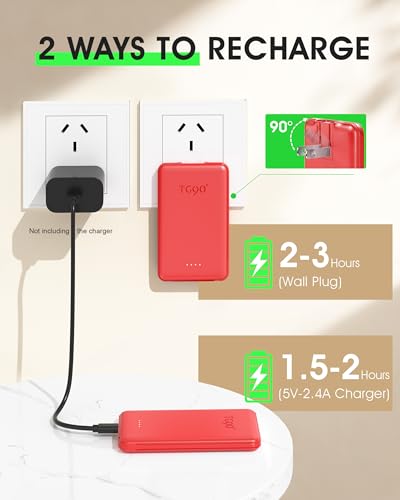 TG90° 5000mah Ultra Slim Power Bank Built-in AC Plug & 2 Cables,Red - color: Red