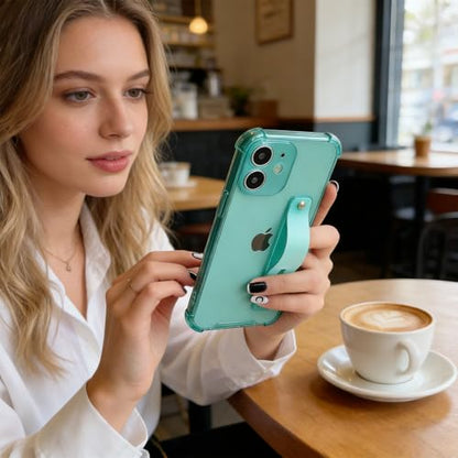Compatible for iPhone 12 Case with Strap Holder Stand - Green | Wristband Kickstand, Clear Soft TPU, Adjustable Finger Hand Grip Loop, Shockproof Bumper Rugged Cover - color: Green, size: iPhone 12 6.1"
