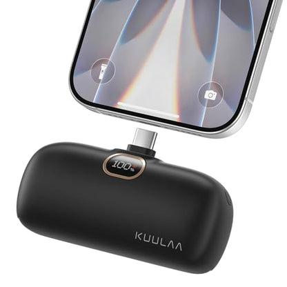 Kuulaa Portable Phone Charger with Built-in USB-C Plug, 5000mAh Mini Portable Charger Power Bank Small Battery Pack for iPhone 15/16/17 Samsung S24/S23 & Android (Black) - color: Black