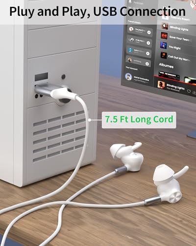USB Earbuds with Microphone for PC Laptop,USB A Headphones,White - color: White