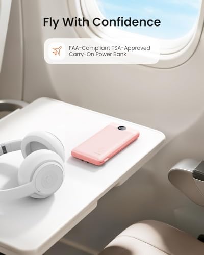 Portable Charger Built-in Cables and Wall Plug, 10000mAh Slim USB C Power Bank, LED Display External Battery Pack Compatible with iPhone/Android & More (Pink) - color: Pink