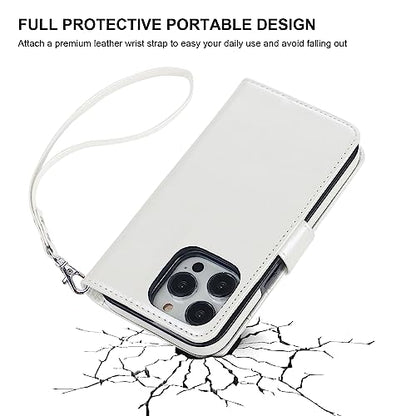 Bocasal Detachable Wallet Case Card Holder for iPhone 14 Pro, White | RFID Blocking Kickstand Card Slots Holder PU Leather Magnetic Shockproof Wrist Strap Removable Flip Protective Cover 6.1 inch - color: White