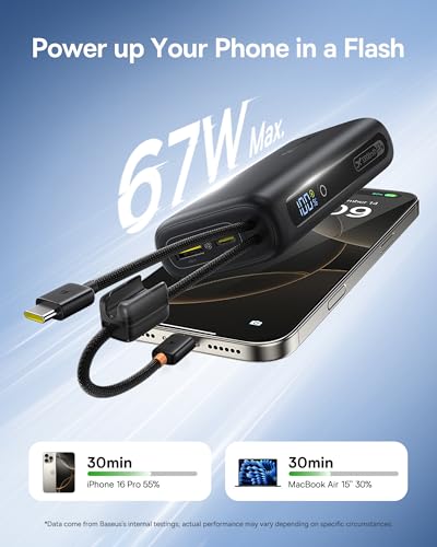 Baseus Mini Power Bank Fast Charging 67W, 10000mAh Small Portable Phone Charger Built-in Dual USB C Braided Cable, Travel Essential Battery Pack for iPhone 17/16/15, iPad, Samsung Galaxy S25/S24 etc.