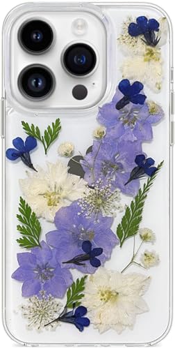 Abbery for iPhone 15 Pro Case Clear White Blue Purple Pressed Flower Design Space Butterfly Cute Soft TPU Real Dried Floral Aesthetic Protective Shockproof Women Girl's Phone Cover (Navy Flower) - color: Navy Flower, size: for iPhone 15 Pro