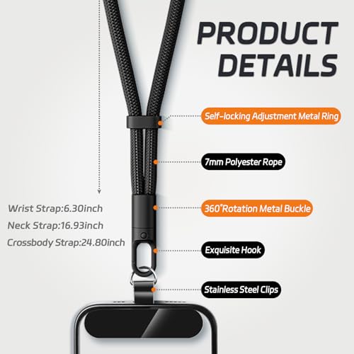 KITANIS 2 Pack Phone Lanyard,2×Hand Wrist Strap,4×Tether Tabs,Universal Cell Phone Multifuctional Patch Polyester Lanyards,Cell Phone Hand Strap for Women and Men(balck+grey) - color: Black+grey, size: 6.3''Wrist Strap