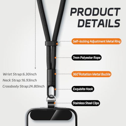 KITANIS 2 Pack Phone Lanyard,2×Phone crossbody strap,4×Tether Tabs,Universal Cell Phone Multifuctional Patch Polyester Lanyards,Cell Phone Lanyards for Women and Men(balck+grey) - color: Black+grey, size: 24.8''Crossbody Strap