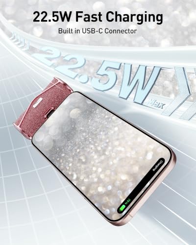 iWALK Upgraded Sparkly Portable Charger 22.5W, 5000mAh Power Bank for iPhone 18 Pro/17/16/15 Series, Mini Battery Pack with Built-in USB-C Connector Compatible with Samsung S25/24, iPad Pro/Air, Pink - color: Pink