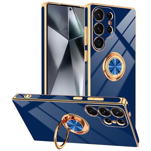 Blue Designed for Samsung Galaxy S25 Ultra Case with Ring Stand | Support Magnetic Car Mount, 360° Rotatable Finger Holder, Soft TPU Cover Plating Edge, Protective Slim Kickstand Phone Case - color: Blue, size: 6.9'' S25 Ultra