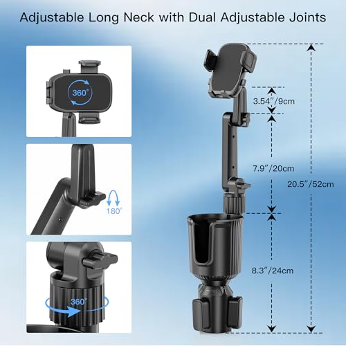Cup Phone Mount for Car, Cup Phone Holder [2026 Upgraded] 20.5" Height Long Arm Phone Mount for Your Car/Truck/SUV Fit All 4.0-7.0in Smartphones iPhone, No Shake Design