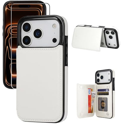 for iPhone 17 Pro Max Wallet Case with Screen Protector, Slim PU Leather Protective Case with Card Holder[RFID Blocking] Kickstand Cover 6.9“-White - color: White