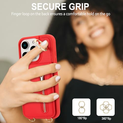 Crossbody Wallet Case for iPhone 12 Pro Max, with Card Slots Zipper Pocket Case, Flip Folio Purse RFID Blocking with Ring Kickstand Detachable Strap-Red - color: Red, size: iPhone 12 Pro Max(6.7")