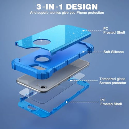IDweel for iPhone 8 Case & for iPhone 7 Case with Screen Protector,Luxury 3 in 1 Shockproof Hybrid Heavy Duty Hard PC Cover Soft Silicone Sturdy Bumper Full Body Sturdy Cover,Glitter Sky Blue - color: Glitter Sky Blue