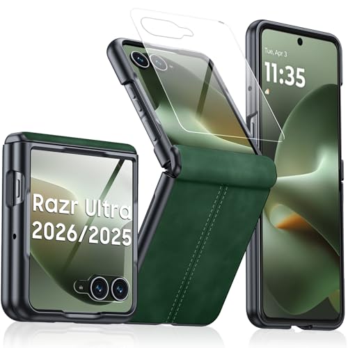 for Motorola Razr Ultra 2026 Case/Razr Ultra 2025 Case with Hinge Protection & Built-in Screen Protector, Ultra-Thin PU Leather Matte PC Shockproof Cover for Razr Ultra 2026/2025 -Green - color: Green, size: Razr Ultra 2026/2025