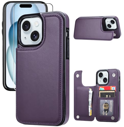 Wallet Case Compatible with iPhone 15 6.1”,Slim Protective case with Card Holder, PU Leather Kickstand Card Slots Case with a Screen Protector-Purple - color: Purple