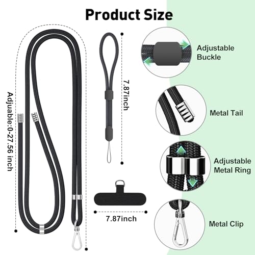 SHANSHUI Phone Lanyard, 2 Pack Adjuatble Wrist Straps Crossbody Nylon Cell Phone Leash and 2 Pack Tether Pads Compatible with iPhone & All Smartphones in Full Cover Cases - color: Grayx2+Black