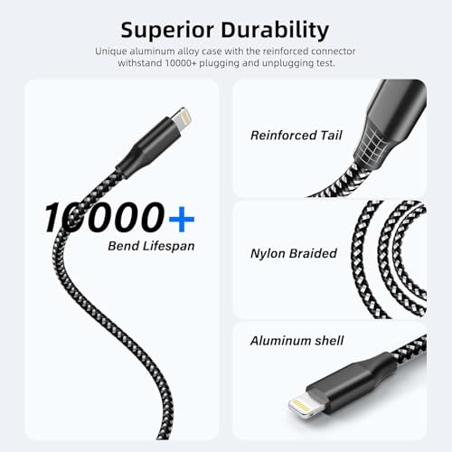 iPhone Charger Cord 10ft 3 Pack MFi Fast Charging Braided Lightning Cable - color: BlackWhite