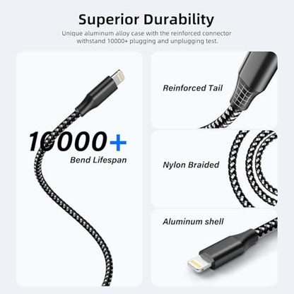 iPhone Charger Cord 10ft 3 Pack MFi Fast Charging Braided Lightning Cable - color: BlackWhite