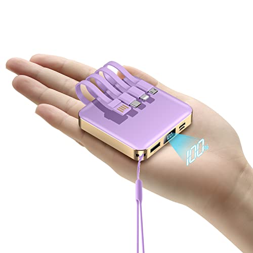 ummz Mini Portable Charger with Built-in 4 Cables，12000mAh Small Power Bank - color: purple
