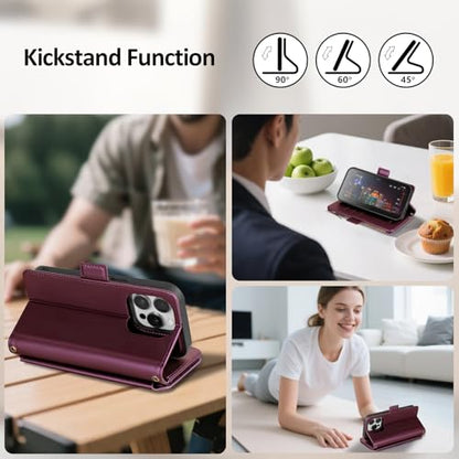 Antsturdy Compatible with MagSafe iPhone 13 Pro Wallet Case,Wine Red | Detachable Magnetic Credit Card Holder,RFID Blocking,PU Leather Zipper Purse,Wrist Strap Kickstand,Flip Phone Cover for Women - color: (Detachable with Magsafe)-Wine Red