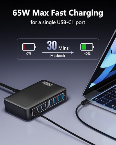 200W USB C Charging Station, 8-Port GaN Desktop Charger Block with PD 65W - color: Black, size: 200W