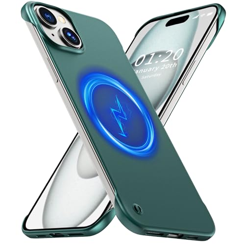 GRECAZO Magnetic Frosted Frameless Case for iPhone 15 Plus, Dark Green | Compatible with MagSafe, Metallic Finish, Hard PC Cover, Ultra Thin Lightweight Minimalist Borderless, Slim Fit, 6.7-Inch - color: Dark Green, size: iPhone 15 Plus