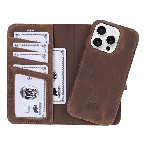 BLACKBROOK Wallet Case for iPhone 16 Pro Max – Burkley 2-in-1 Detachable Folio, MagSafe Compatible, RFID Blocking – Full Grain Leather with Natural Patina, 3 Card Slots, Premium Gift Box - color: Distressed Coffee, size: iPhone 16 Pro Max