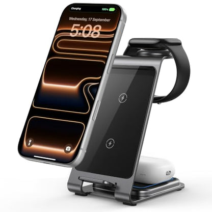 Intoval Aluminum 3 in 1 Wireless Charging Station for iPhone 17 16 15 14 13 12 11 Pro Max XR, Wireless Charger for Apple Watch 11 10 9 8 7 Ultra SE 3 2, Phone Charger for AirPods 4 Pro 2 3 (Grey) - color: Grey