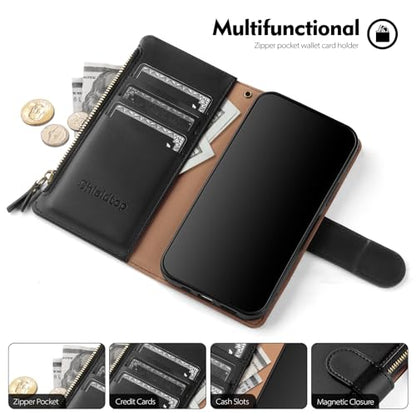 Shieldtop Compatible with Samsung Galaxy A37 5G Wallet Case with Card Holder,PU Leather Phone Case Flip Protective Cover Wrist Strap Zipper Credit Card Slots RFID Blocking Women Men,Black - color: Black