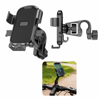 Universal Motorcycle Bike Phone Mount with 360° Rotation, Anti-Shake Silicone Grip, Universal Handlebar Mount 20-32mm, Phone Holder with Storage Hook