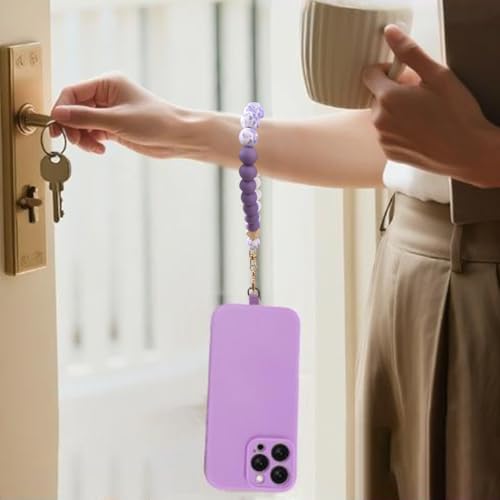 VICHUNHO Marble Silicone Beaded Phone Wrist Strap, Cellphone Lanyard with Tether Tab, Elastic Hands-Free Wristlet Bracelet - color: Purple Block