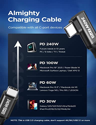 240W USB C to USB C Cable 10FT,PD 3.1 Type C to C 5A Fast Charging Cable Right Angle for MacBook Pro/Air,iPad Pro/Air/Mini,iPhone15/15Pro/15Plus/15ProMax,Samsung S24/S23/S22,Surface Book2,Pixel - style: 90° Right Angle