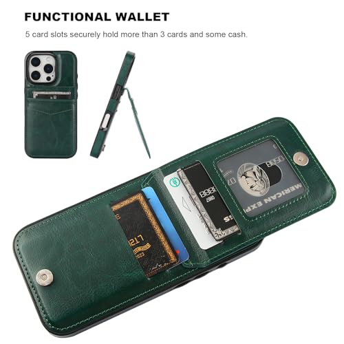 KIHUWEY for iPhone 16 Pro Wallet Case Card Holder Kickstand, Dark Green | Credit Card Slots, PU Leather, Magnetic Clasp, Flip Heavy Duty Protection Cover for Men and Women - color: Dark Green