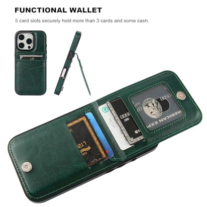 KIHUWEY for iPhone 16 Pro Wallet Case Card Holder Kickstand, Dark Green | Credit Card Slots, PU Leather, Magnetic Clasp, Flip Heavy Duty Protection Cover for Men and Women - color: Dark Green