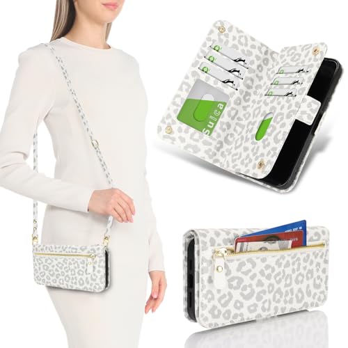 for iPhone 15 Pro Wallet Case for Women,for iPhone 15 Pro Case with Strap Crossbody Lanyard,PU Leather Shockproof Card Holder Stand Zipper Pocket Flip Phone Case-White Leopard - color: White Leopard