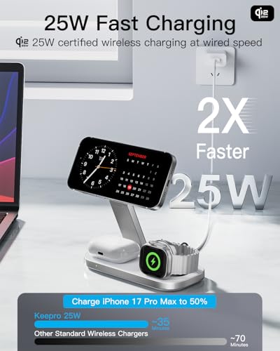 3-in-1 Charging Station for Apple Device, Qi2 25W Certified Magnetic Wireless Fast Charger Stand Compatible with MagSafe for iPhone 18/17/16/15/14/13/12/Air/Duo Series, Apple Watch & AirPods - color: White+Silver