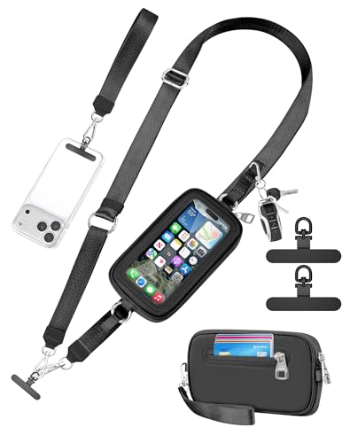 Clip and Go Strap for Phone with Wallet Crossbody, Adjustable Neck Lanyard, Detachable Wristlet Wallet with Zipper Phone Screen ID Window, 2x Tether Tabs Compatibe for iPhone & Most Cellphones Black - color: Black