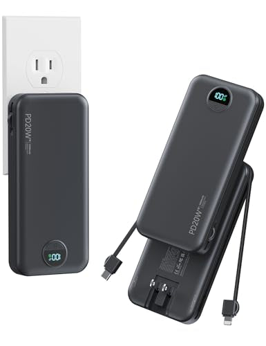 Portable Charger Power Bank 10000mAh with Built in Cables & Wall Plug - color: Pitch Black