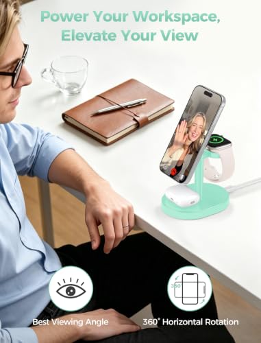 Mag-Safe Charger 3 in 1 Charging Station for iPhone Apple Watch AirPods - color: Mint Green, size: 15W