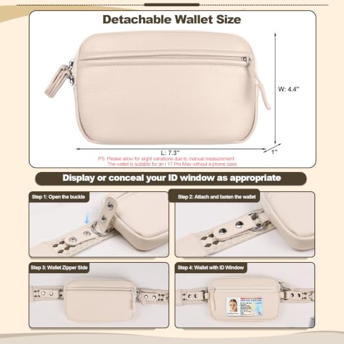 YFWE Clip and Go Phone Strap with Crossbody Wallet, Adjustable Phone Lanyard with Detachable RFID Wristlet Wallet, Anti-Theft Leather Purse with ID Window for Travel Essentials (Cream) - color: Cream Beige
