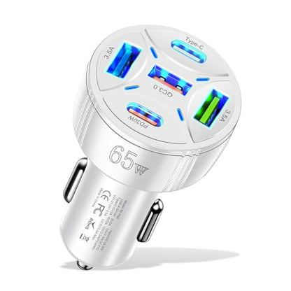 USB C Car Phone Charger Adapter 5 in 1 Multi Port PD30W &QC3.0 Super Fast Charging, 65W Cigarette Lighter USB Charger for iPhone/Android/Samsung/iPad Pro and More (White) - color: White