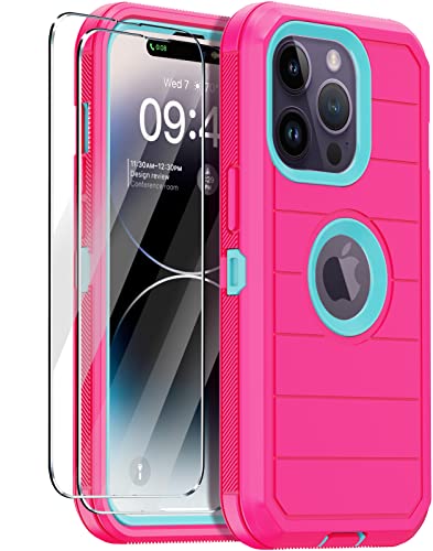 for iPhone 14 Pro Max Case with 2 Screen Protector,Full Body Shockproof Drop Protection Dust Proof Heavy Duty 3-Layer Military Rugged Durable Cover for Apple iPhone 14 Pro Max 6.7" (Rose) - color: Rose/light green II